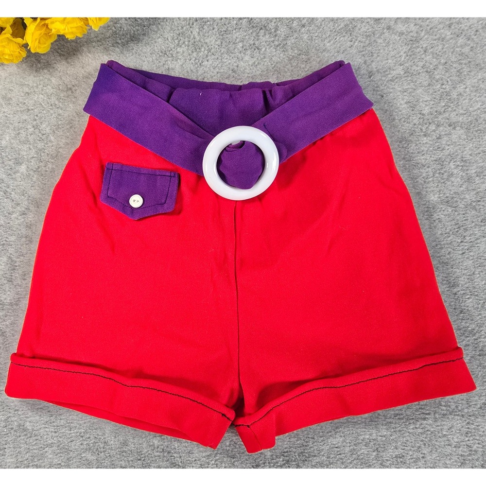 Vintage Young Legs Girls Red Purple Colorblock Belted Nylon Shorts 70s 8/10